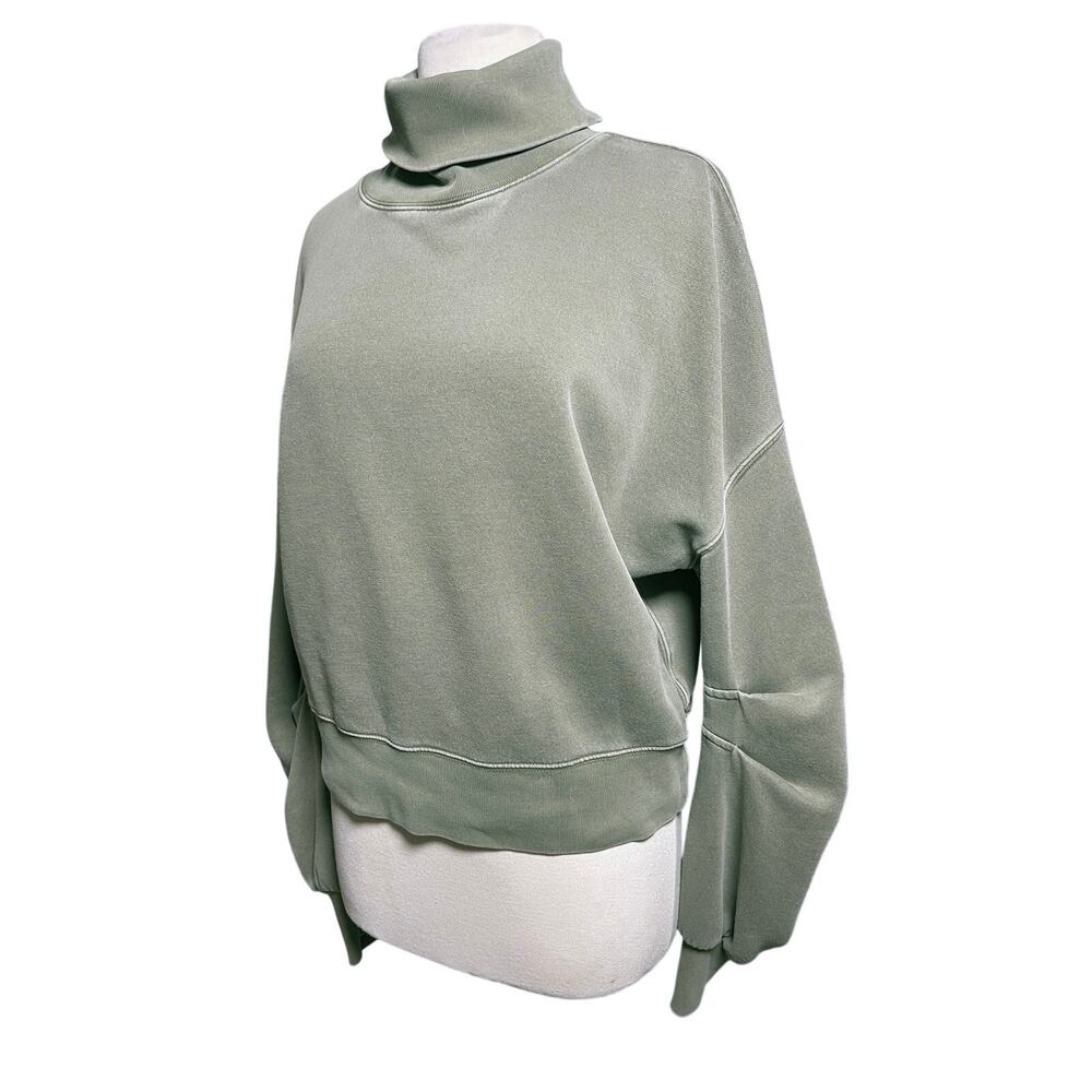 FREE PEOPLE Boho Olive Green Pleated Sleeve Turtleneck Sweatshirt - Picture 3 of 4